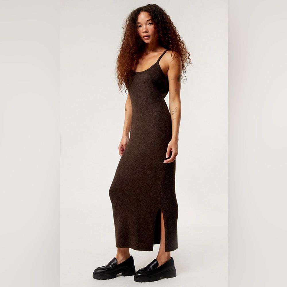 Rhythm Chocolate Brown Knit Midi Dress sz M Coastal Comfy Lunge Wear